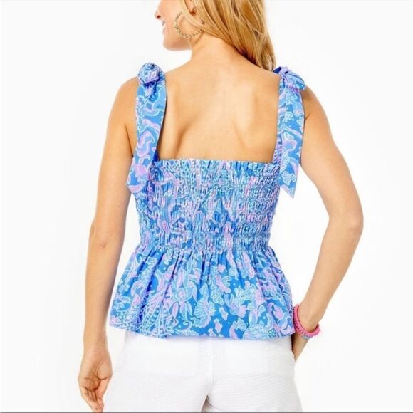 NWT Lilly Pulitzer Rivera Smocked Top In Boca Blue Sea What I Sea SZ XXS - Picture 3 of 4